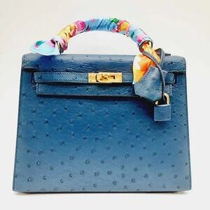 Hermes Kelly 25cm Blue Ostrich Leather Gold Shoulder Bag